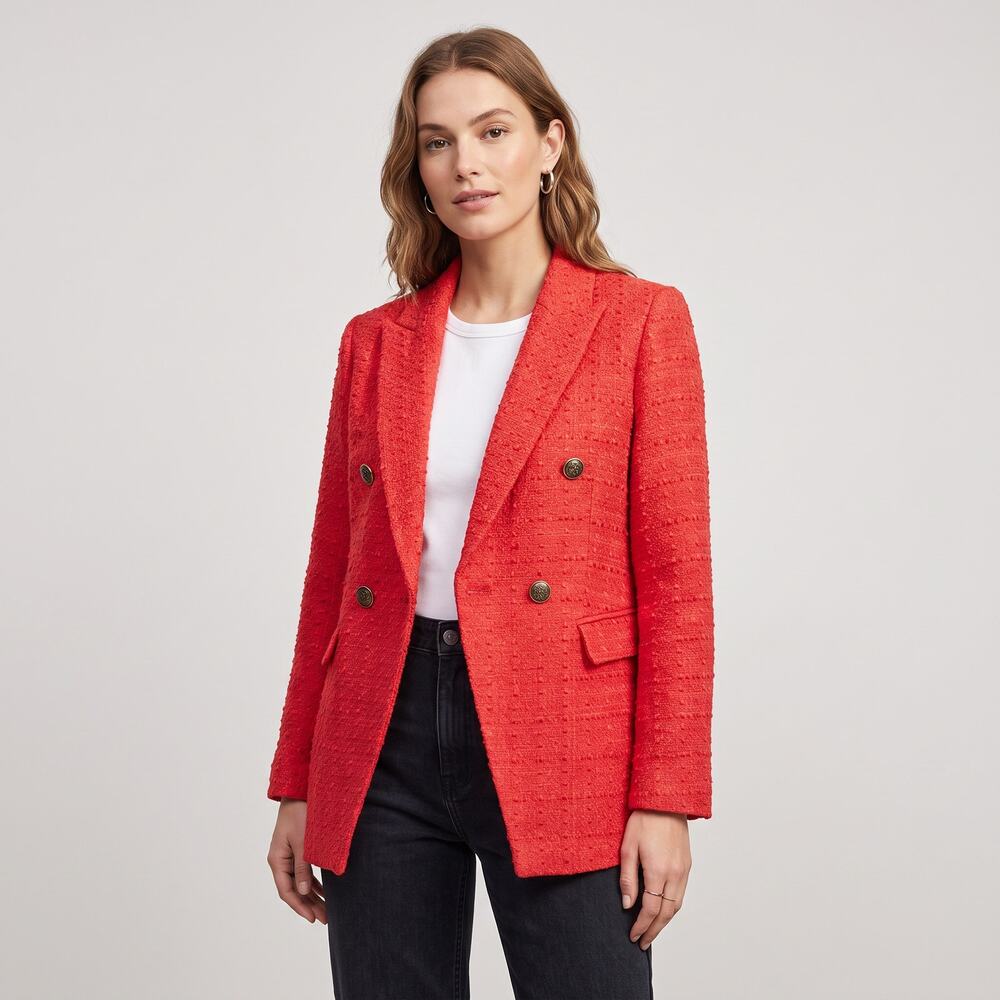 LOFT Tweed Double Breasted Blazer Jacket Coral Red Orange Petites 2P Business